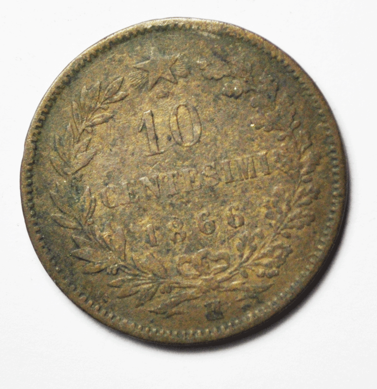 1866 H Italy 10c Ten Centesimi Copper Coin KM#11.3 Rare