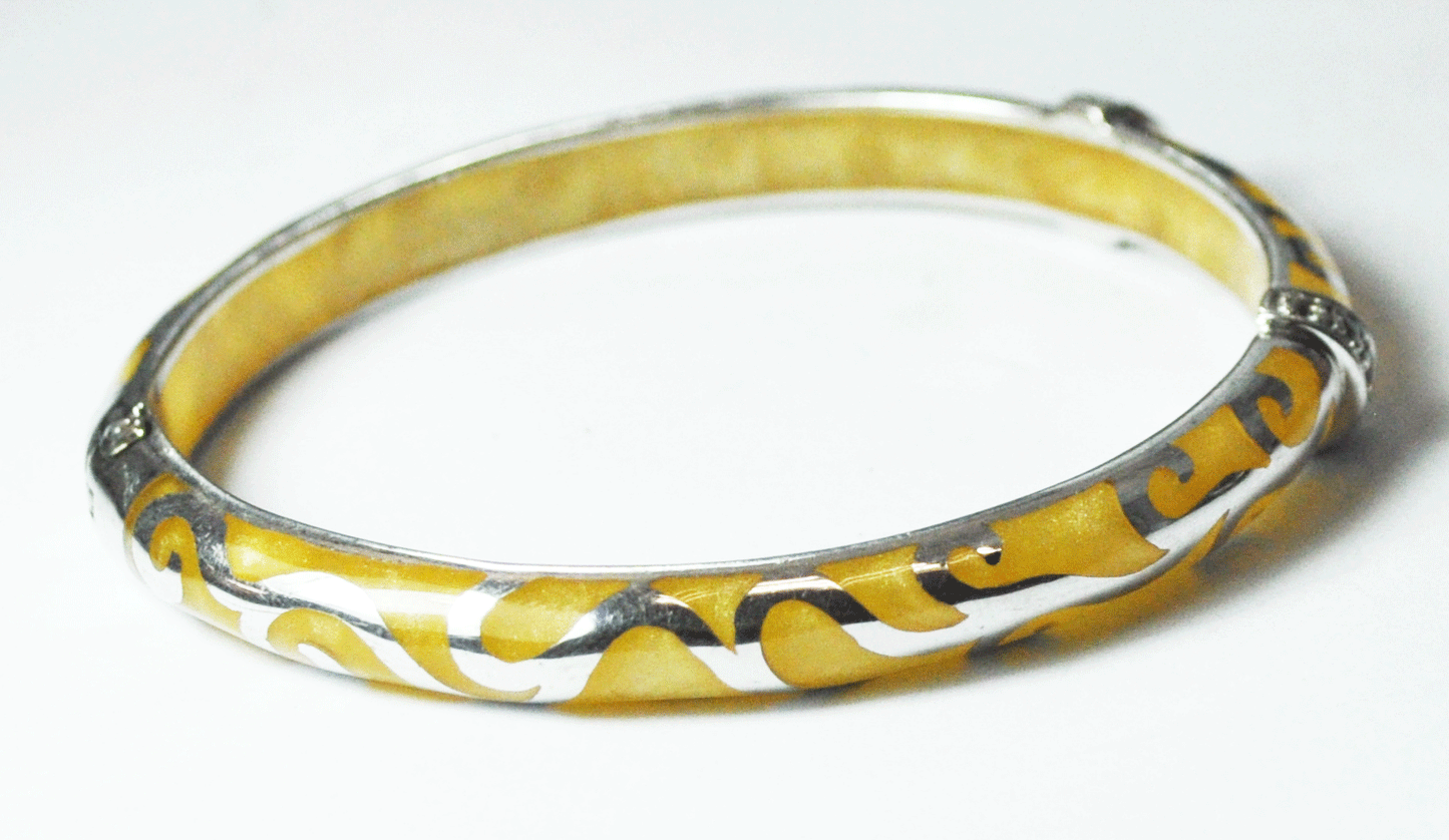Sterling Silver Signed AP Yellow Iridescent Carved Small Bangle Bracelet 7mm