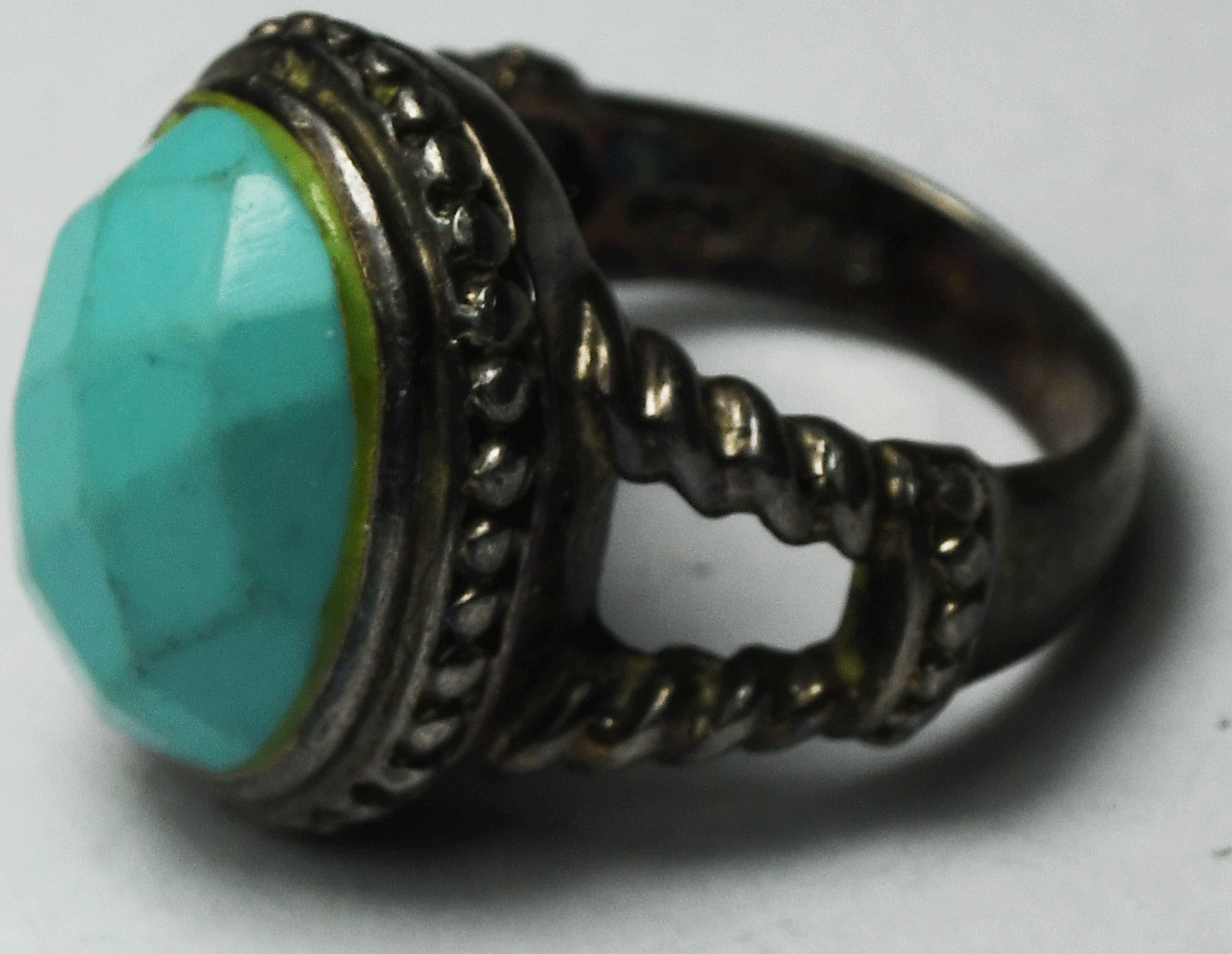 Sterling Silver CFJ Faceted Oval Turquoise Solitaire Ring 19mm Size 5-3/4