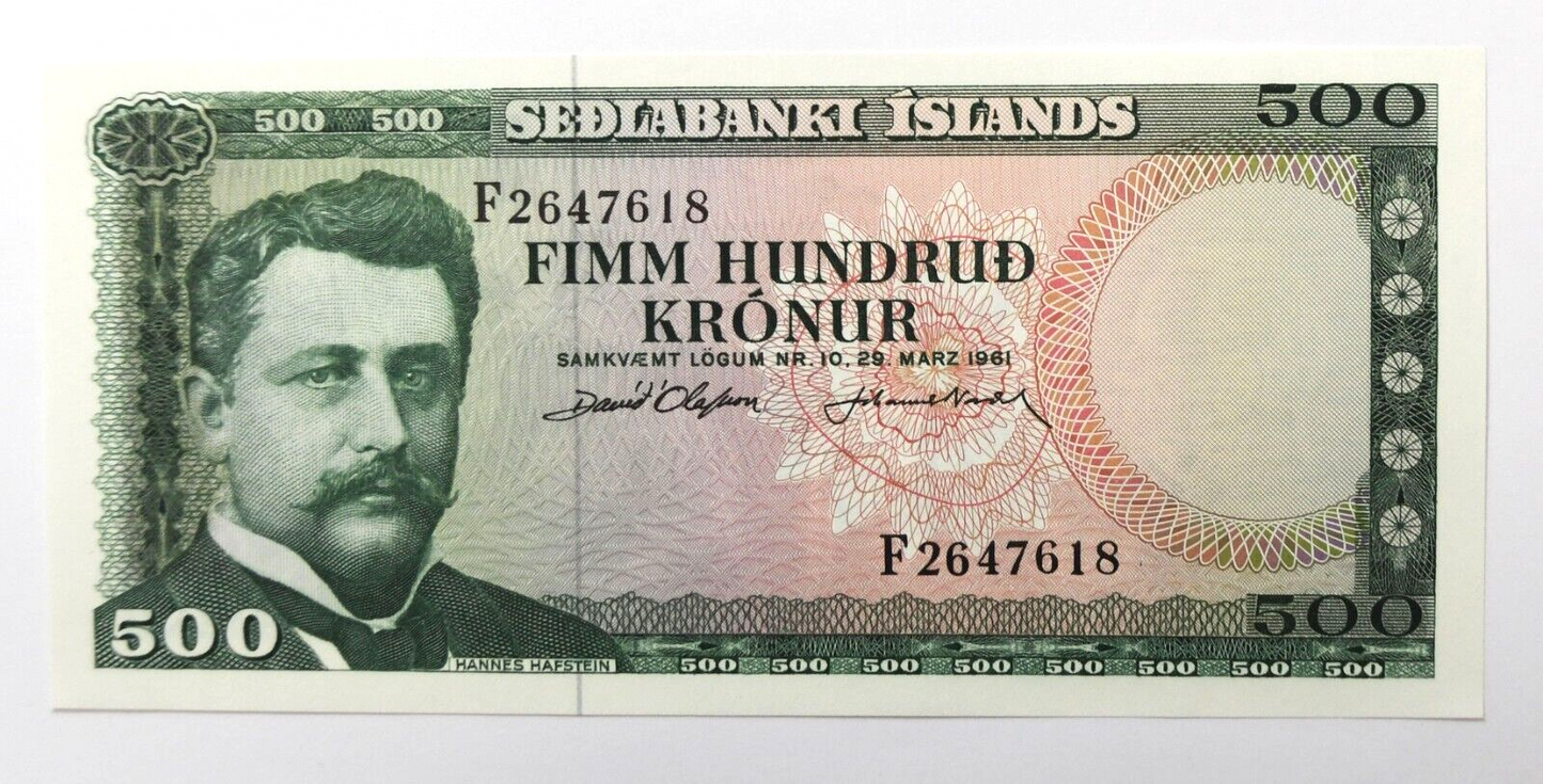 1961 Sedlabanki Iceland 500 Five Hundred Kronur Note Uncirculated F2647618