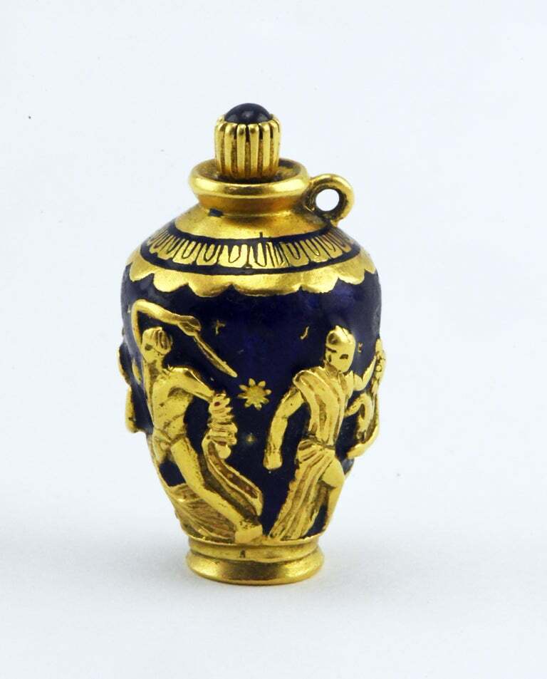 18K Gold & Sapphire Enameled Brevetto Italian Perfume Bottle Greek Urn Pendant
