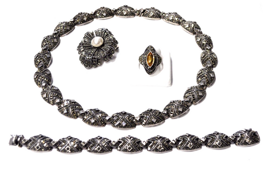 925 Judith Jack 15mm 17" Necklace 7-1/4" Bracelet 47mm Brooch 24mm Ring 160g