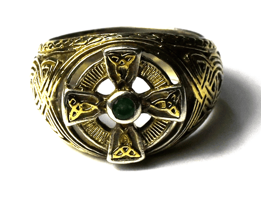 Sterling Silver FM Celtic Cross Emerald Two Tone Ring 17mm Size 11-3/4