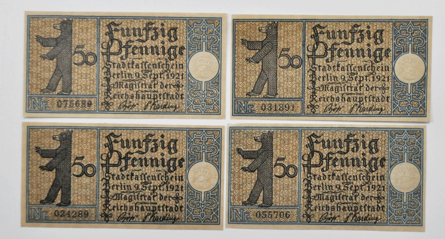 4 1921 50 Fifty Pfennige Berling Germany Bezirk 15 12 11 & 16 Uncirculated