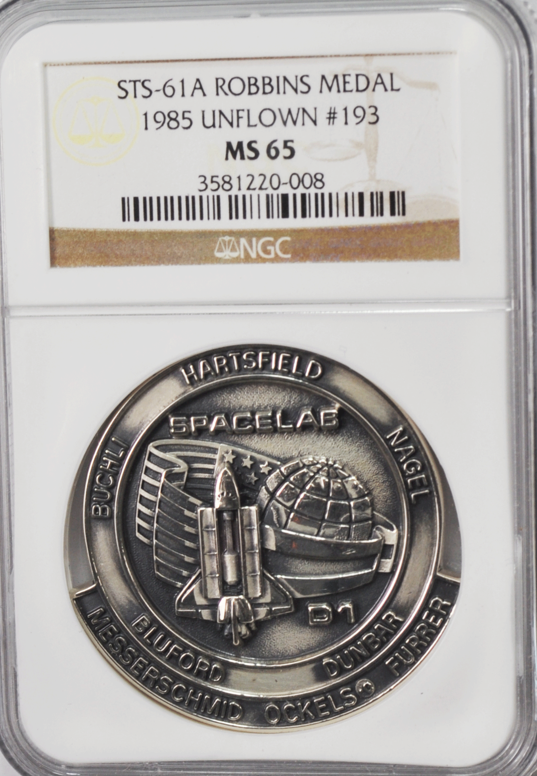 1985 STS-61A Robbins Silver Space Medal Unflown #193 NGC MS65 Challenger D1 Lab