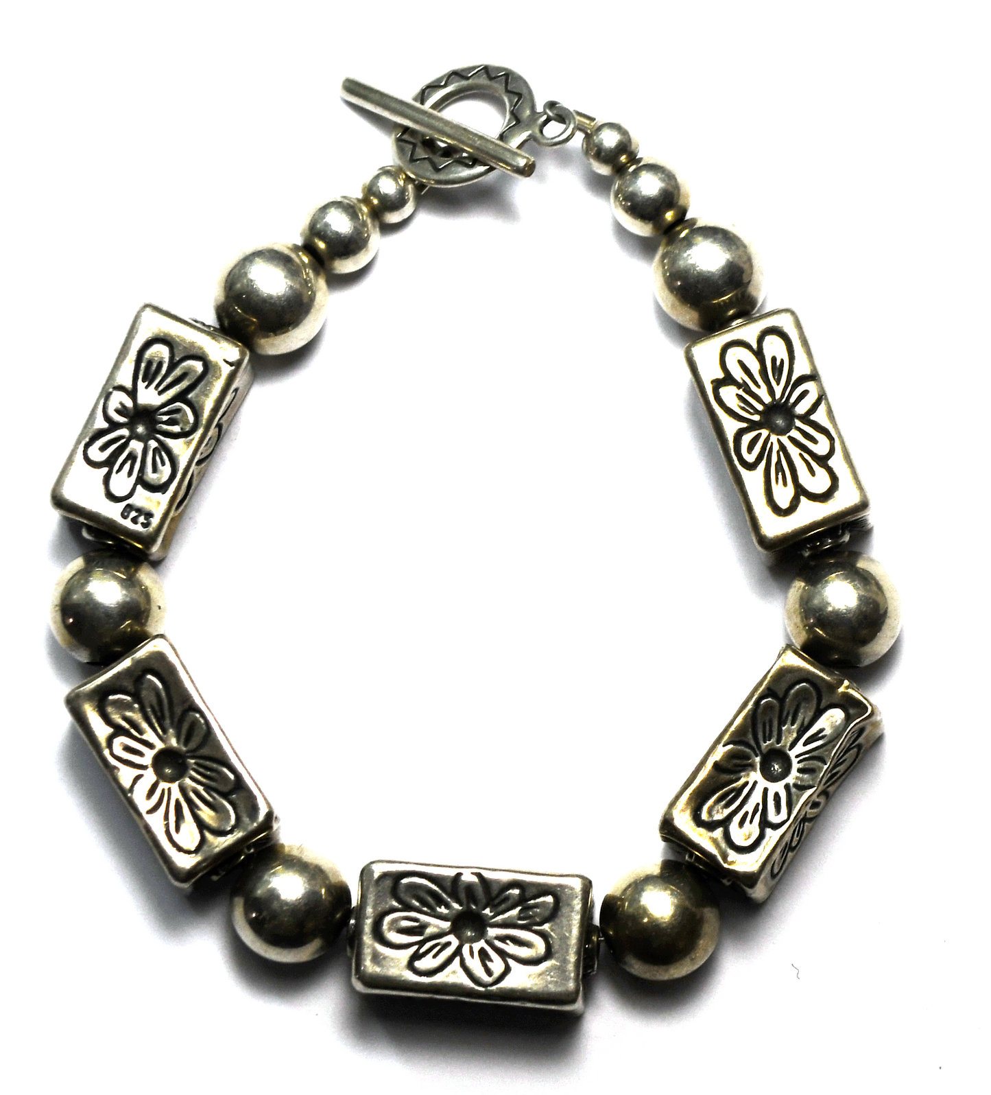 Sterling Shubes Hollow Rectangle Box Flower Toggle Bead Bracelet 11mm 8.25"