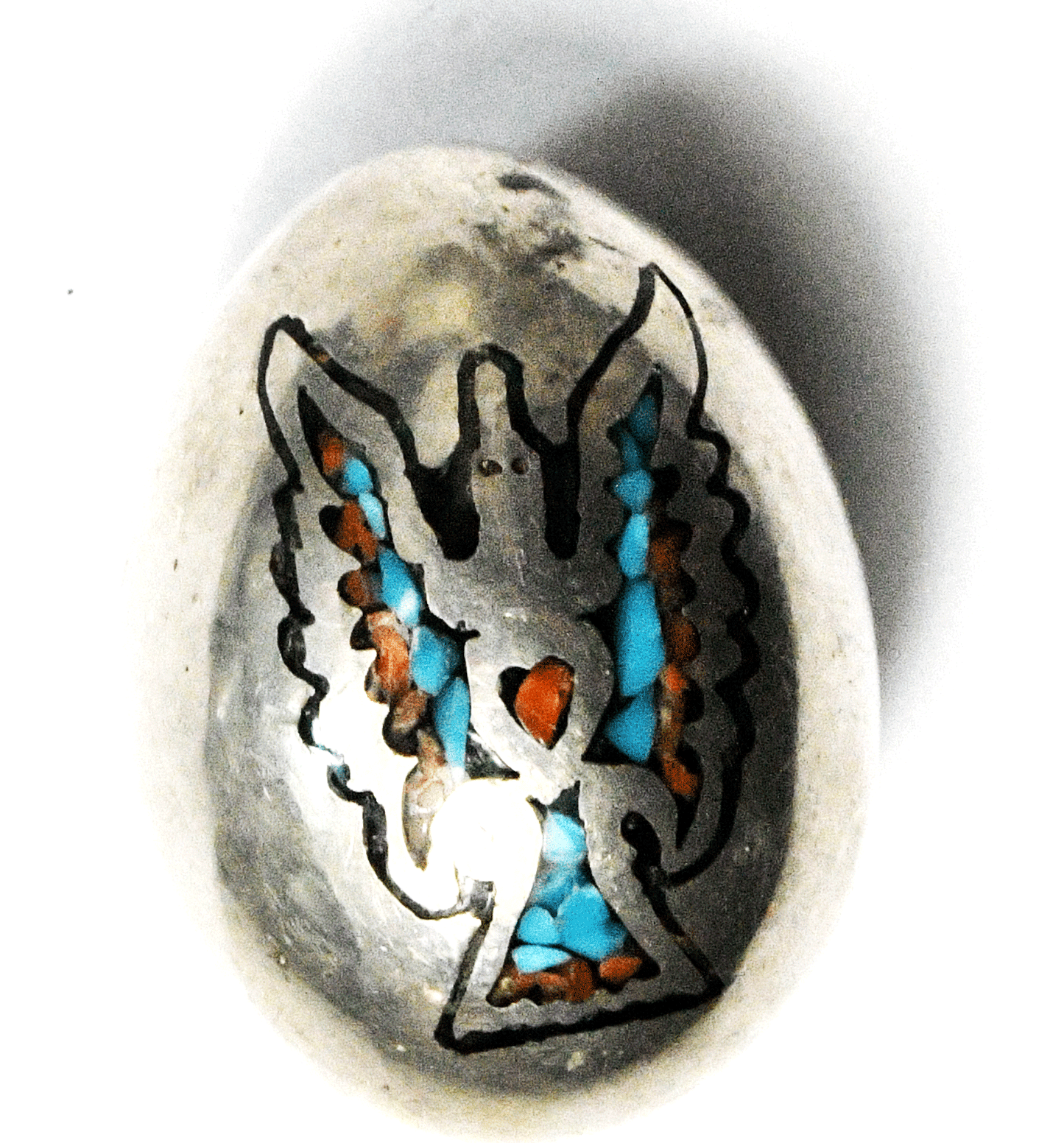 Sterling Turquoise Coral Chip Inlay Thunderbird Egg Slider Pendant 37x27mm
