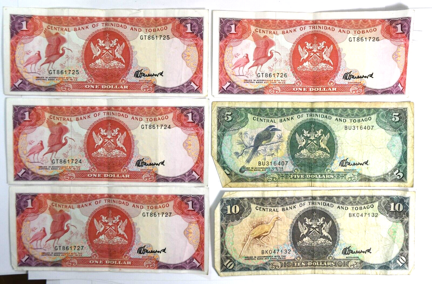 1985 Trinidad Tobago $1 $5 & $10 Banknote 4 Sequential