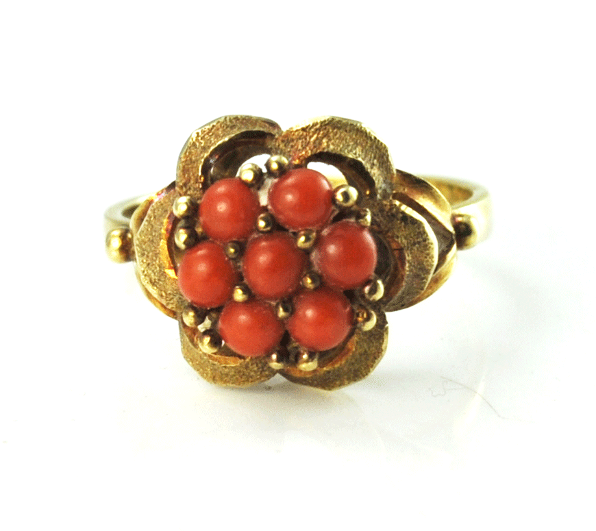 14k Yellow Gold Floral Red Coral Dot Cluster Lace Filigree Ring 13mm Size 7