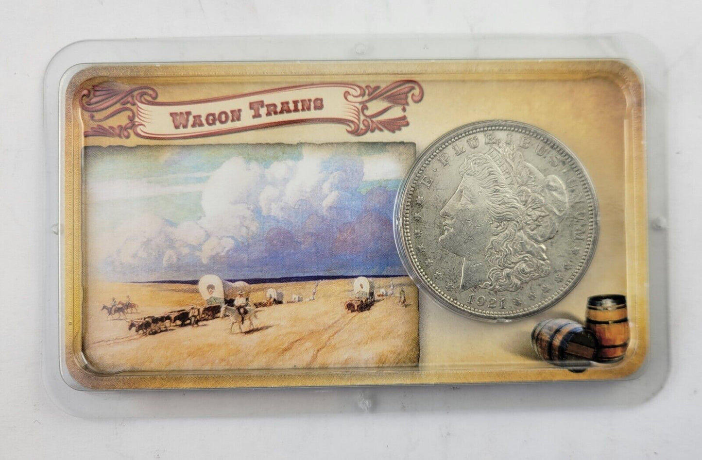 1921 P Morgan Silver Dollar in Littleton holder Wagon Trails