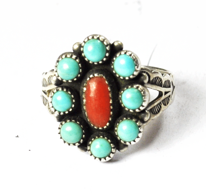Sterling Silver Turquoise Halo Cluster Coral Ring Signed JP 16mm Size 4.5