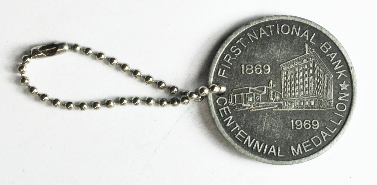 Mason City Iowa First National Bank 1969 Centennial 36mm Medal Fob Key Chain