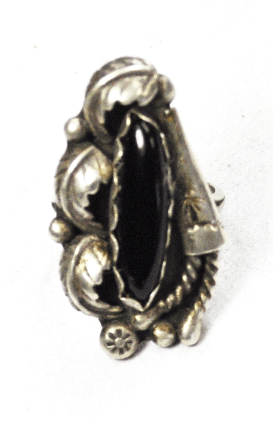 Sterling Silver Sarah Curley Bolo End Onyx Ellipse Floral 35mm Ring Size 5