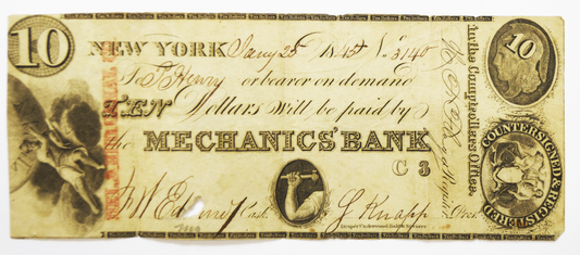 1845 $10 Mechanics Bank Obsolete Note Countersigned & Registered HEL&HUD Canal