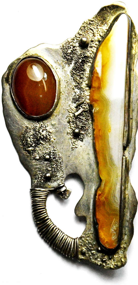 Sterling Silver Suzette Apricot Agate Abstract Brooch Pin 78mm x 41mm