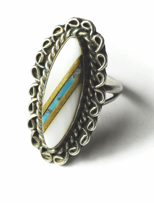 Sterling Silver MOP Turquoise Gold Inlay Ring 9 P Halo 18mm Size 5