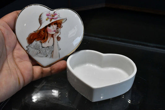 Gold Trimmed Heart Shaped White Ceramic Jewelry Box with Girl 3 1/2" x 1 1/4"