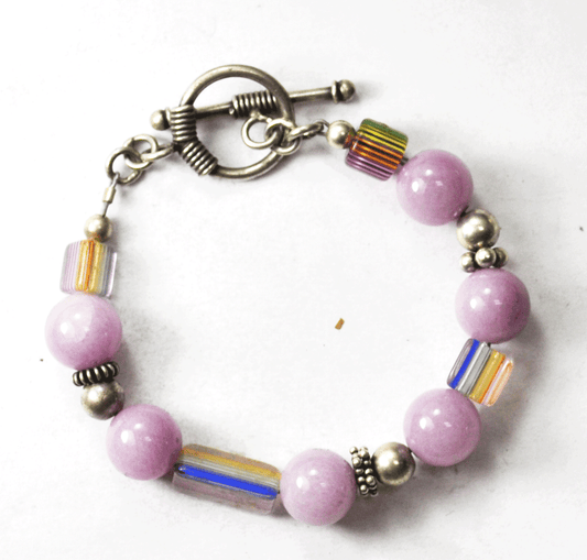 Silver Plate Lilac Round Rainbow Clear Bead Toggle Bracelet 10mm 6.5"
