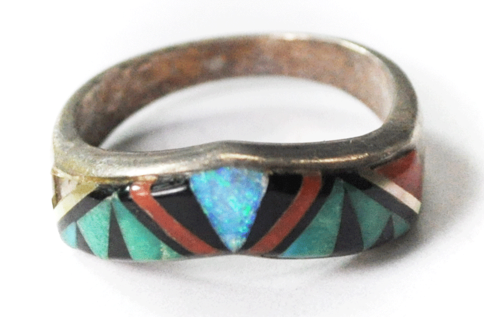 Sterling Silver Colorful Inlay Tiger Tripe Ring Curved Accent Band 7mm Size 9