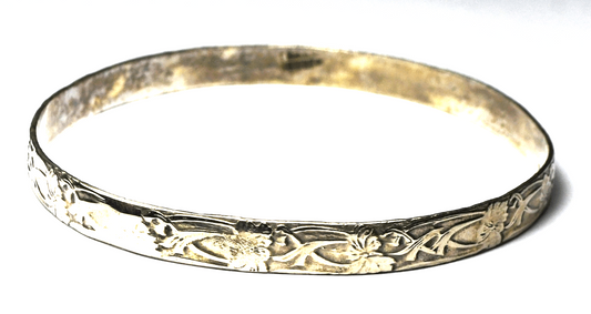 Sterling Silver Floral Vine Leaf Large Bangle Bracelet 6mm