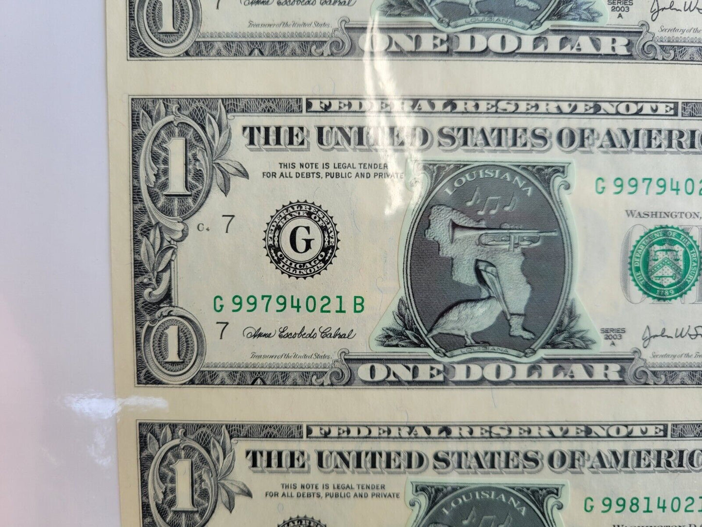 2003 United States Commemorative Gallery Uncut, Uncirculated $1 Bills Louisiana