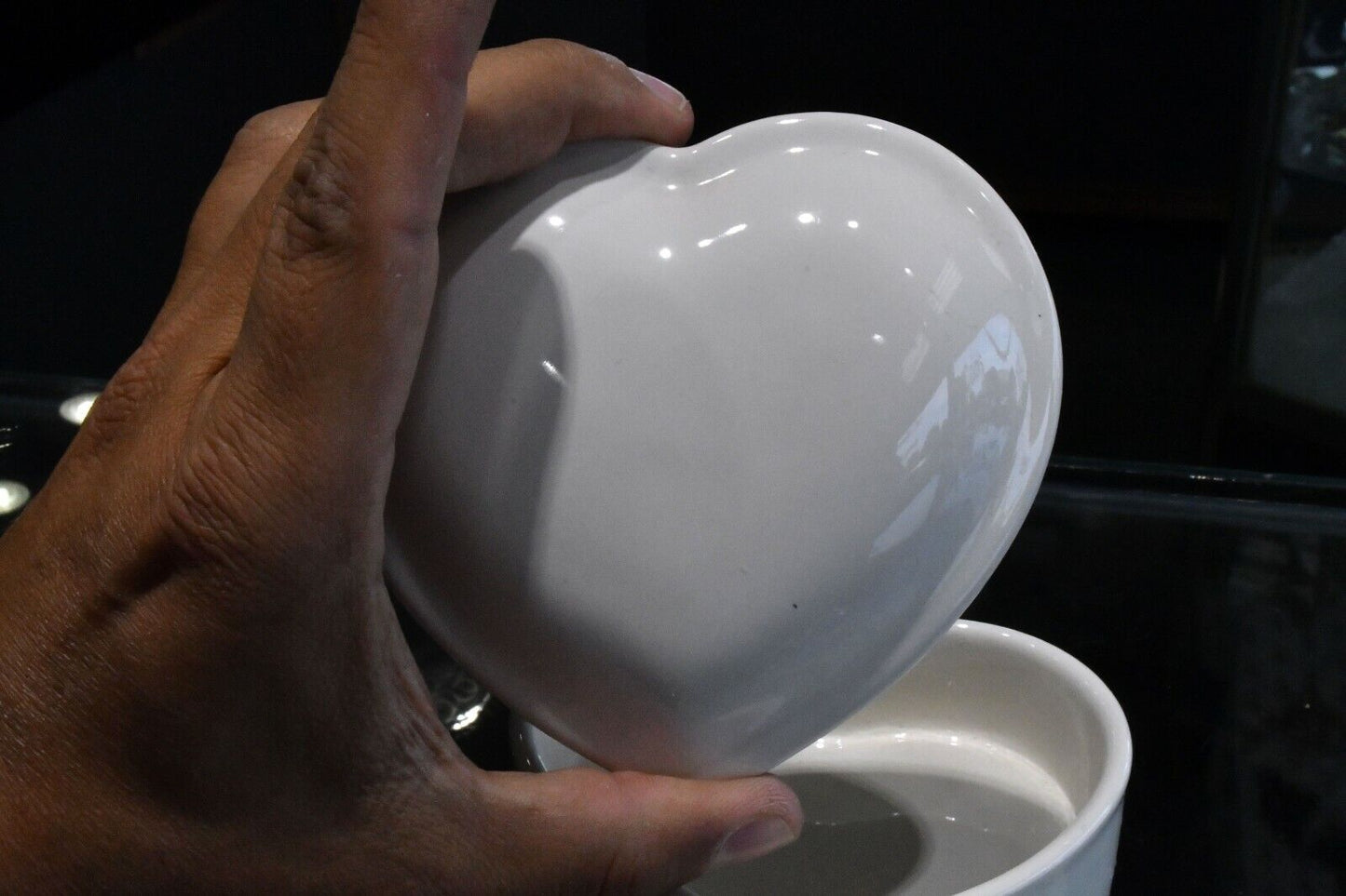 Vintage Heart Shaped White Ceramic Jewelry Ring Box 4 1/4" Wide x 2" Deep
