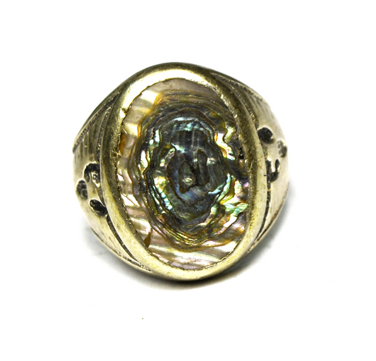 Antique Sterling Bell Trading Oval Ablone MOP 22mm Thunderbird Ring Size 8