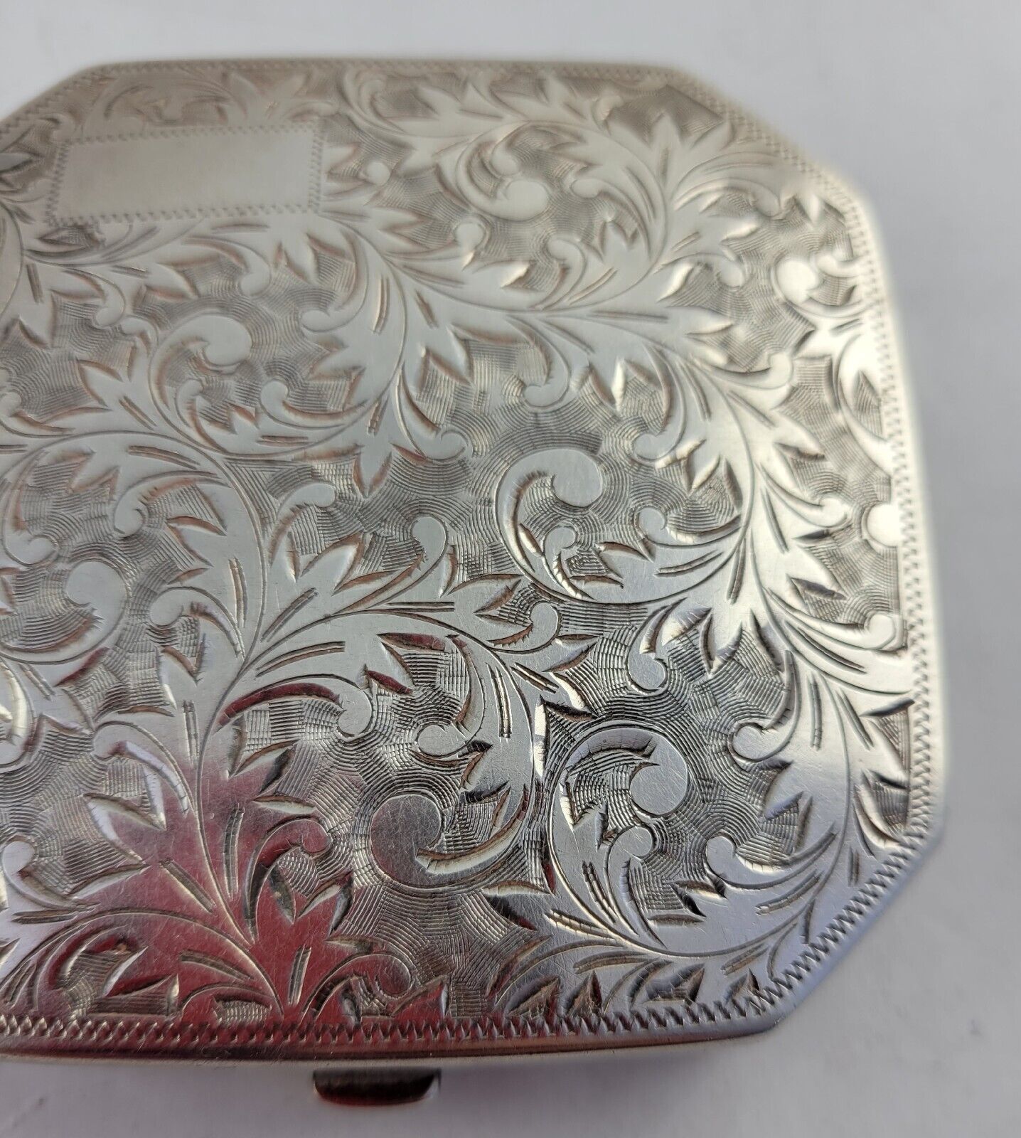 950 Sterling Silver 2 7/8" Octagon Mirror Make-Up Compact Hand Chased