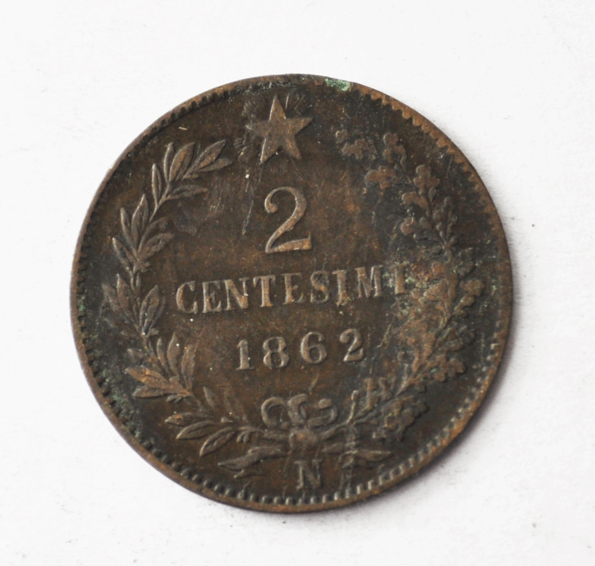 1862 N Italy 2 Two Centesimi Copper Coin  KM# 32.2