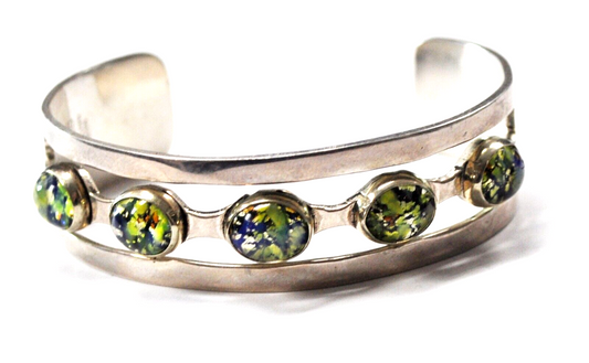 Sterling Silver Clear Gold Leaf Stone Cuff Bracelet 17mm 7" Wrist