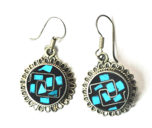 Sterling Silver TL-74 Turquoise Onyx Swirl Inlay Round Earrings 46mm x 24mm