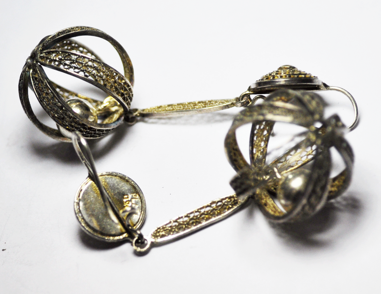 Beautiful 900 Fine Silver Dangle Ball Bell Filigree Earrings 2-3/4" 23mm