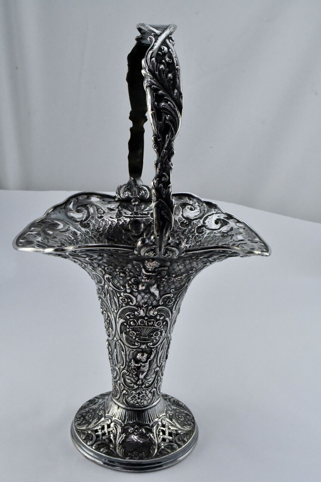 E.G Webster & Son Baroque Flute Style Cherub Ornate Repousse Vase 13 1/2"