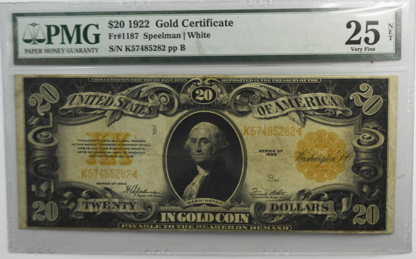 1922 $20 Twenty Dollars Gold Certificate Large Note FR#1187 K57485282 PMG 25