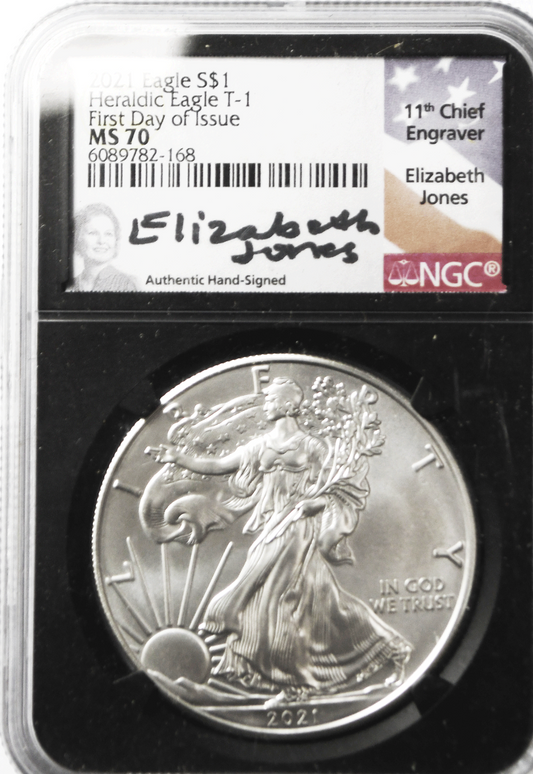 2021 $1 American Silver Eagle NGC MS70 First Day Release Type 1 Elizabeth Jones