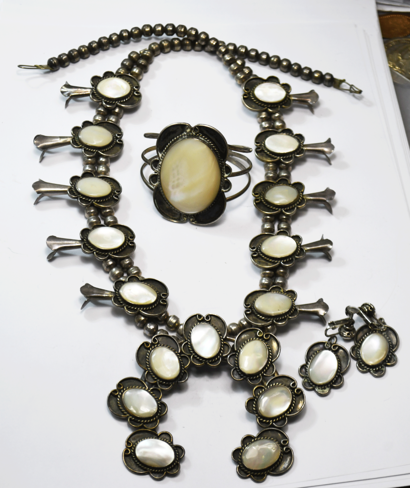 Coin Silver 26" Squash Blossom 3-5/8" Naja MOP 47mm Earrings 54mm Cuff Bracelet