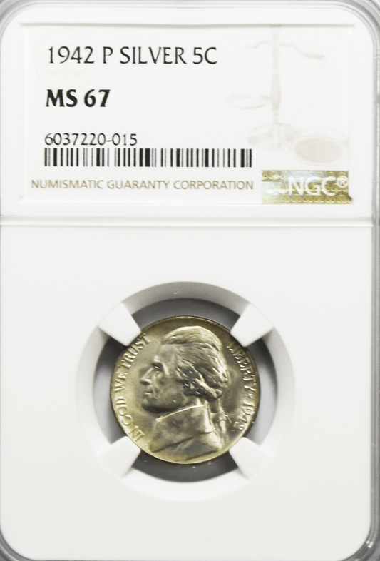 1942 P 5c Jefferson Silver War Time Nickel Five Cents NGC MS67+ Plus