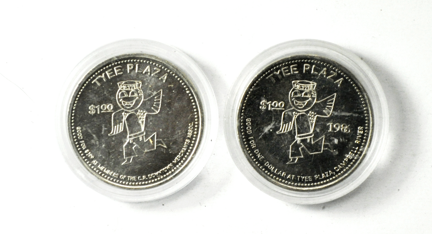 1983 & 86 $1 Canada Trade Dollars 34mm Tyee Plaza Campbell River BC