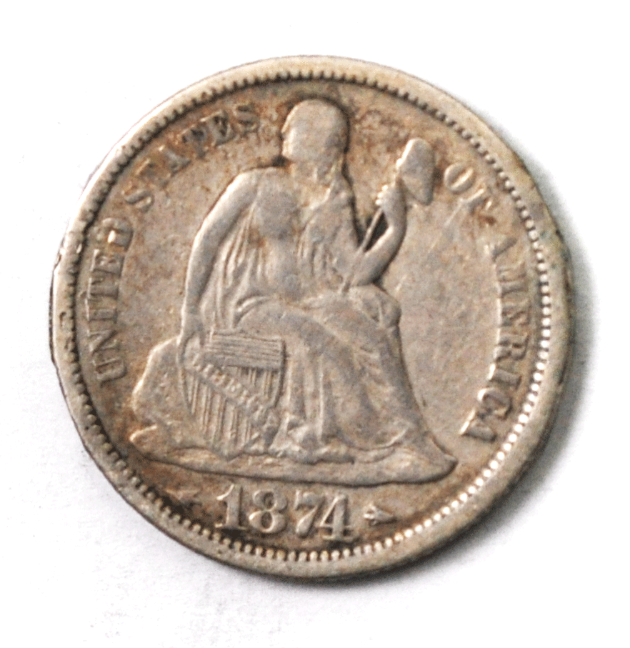 1874 10c Seated Liberty Silver Dime Ten Cents Philadelphia Arrows
