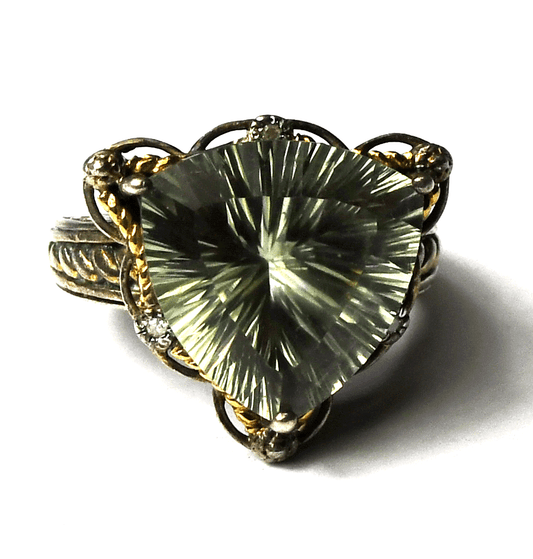 Sterling Silver Signed OM 14k Prasiolite Triangle Ring 18mm Size 6