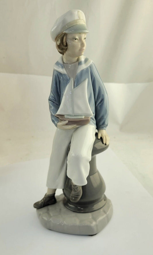 1970s Retired 9" Lladro/Sailor Boy with Yacht Sailboat #4810 Spain Hand Made