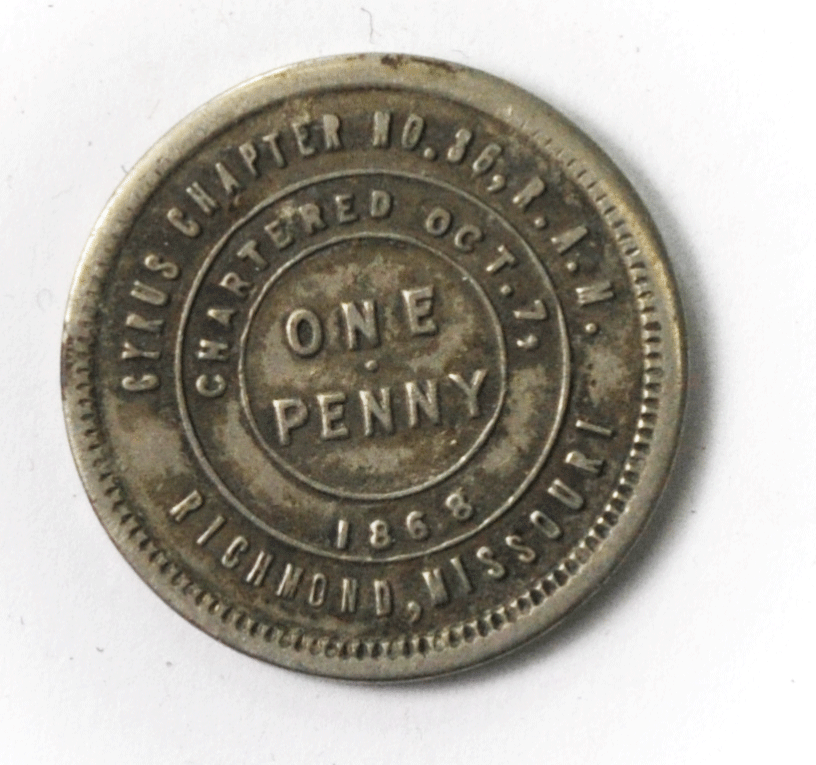 Richmond Missouri Masonic White Metal Penny 1868 Chapter 38 RAM