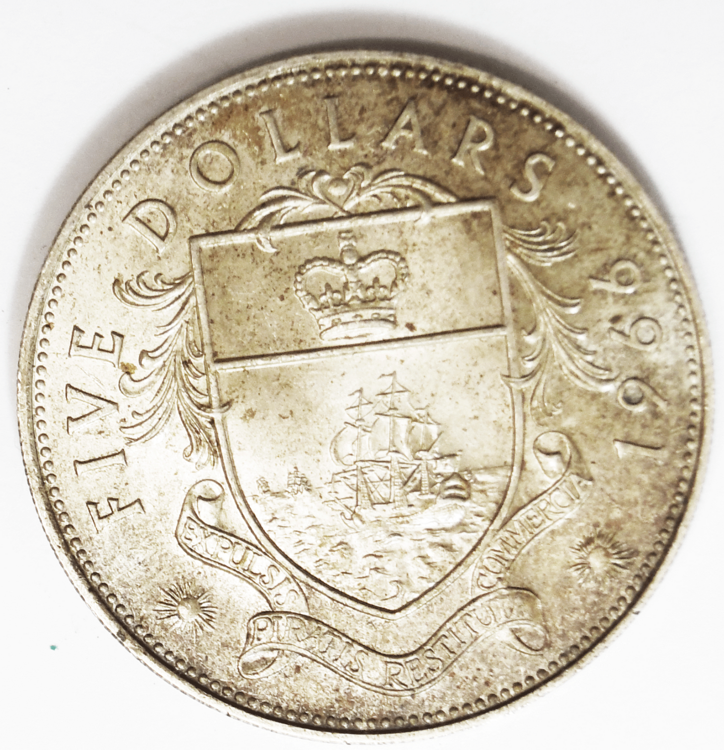 1966 Bahamas 5 Five Dollars Sterling Silver Coin KM# 10