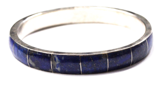 950 Silver Blue Lapis Inlay Round Bangle Bracelet 10mm 2-1/2"