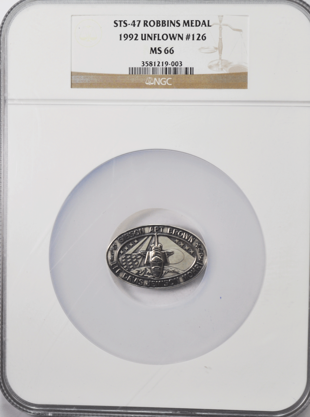 1992 STS-47 Robbins Silver Space Medal Unflown #126 NGC MS66 Endeavour