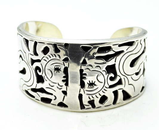 Mexico Sterling Silver Panel Story Bust Sun Face Cuff Bracelet 38mm 7-1/8"