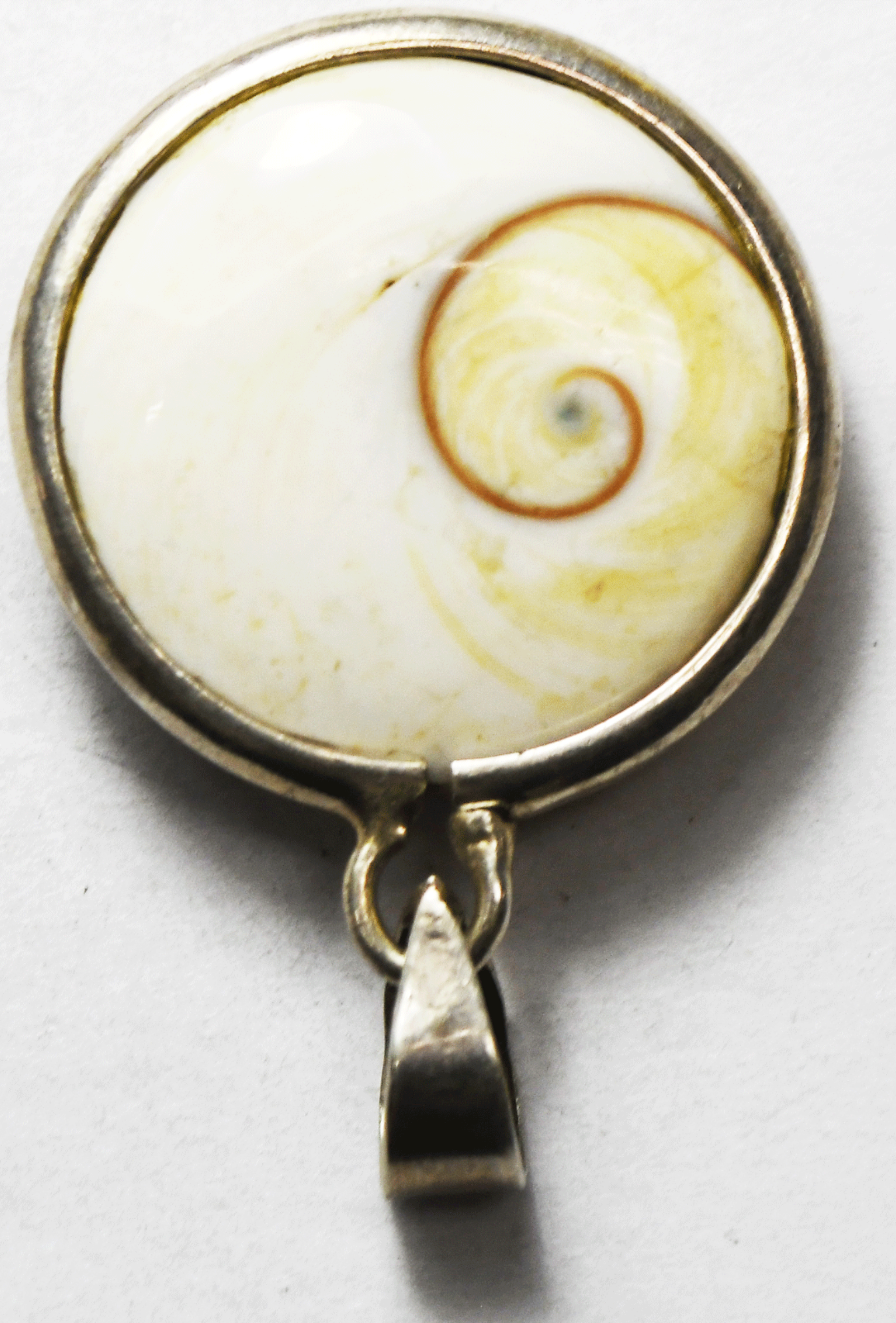 Sterling Silver Operculum Shell Spiral Green & Orange Round Pendant 36mm x 27mm