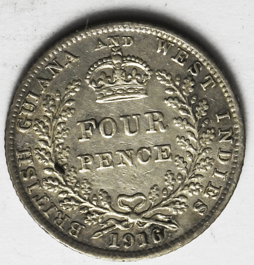 1916 British Guiana & West Indies 4 Four Pence Silver Coin KM# 28 Only 30,000