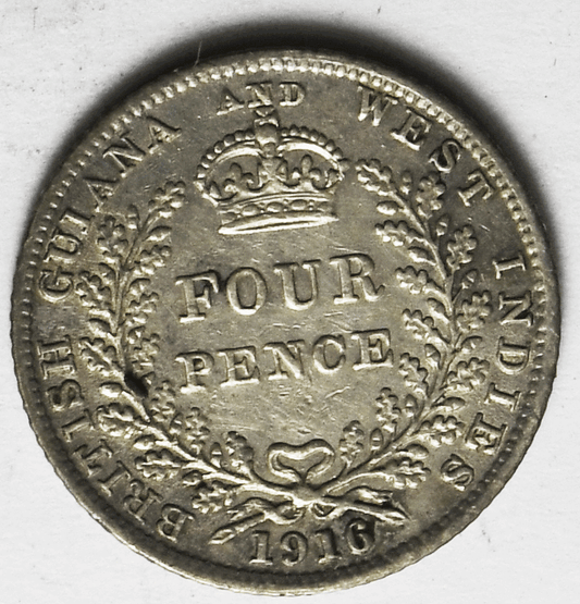 1916 British Guiana & West Indies 4 Four Pence Silver Coin KM# 28 Only 30,000