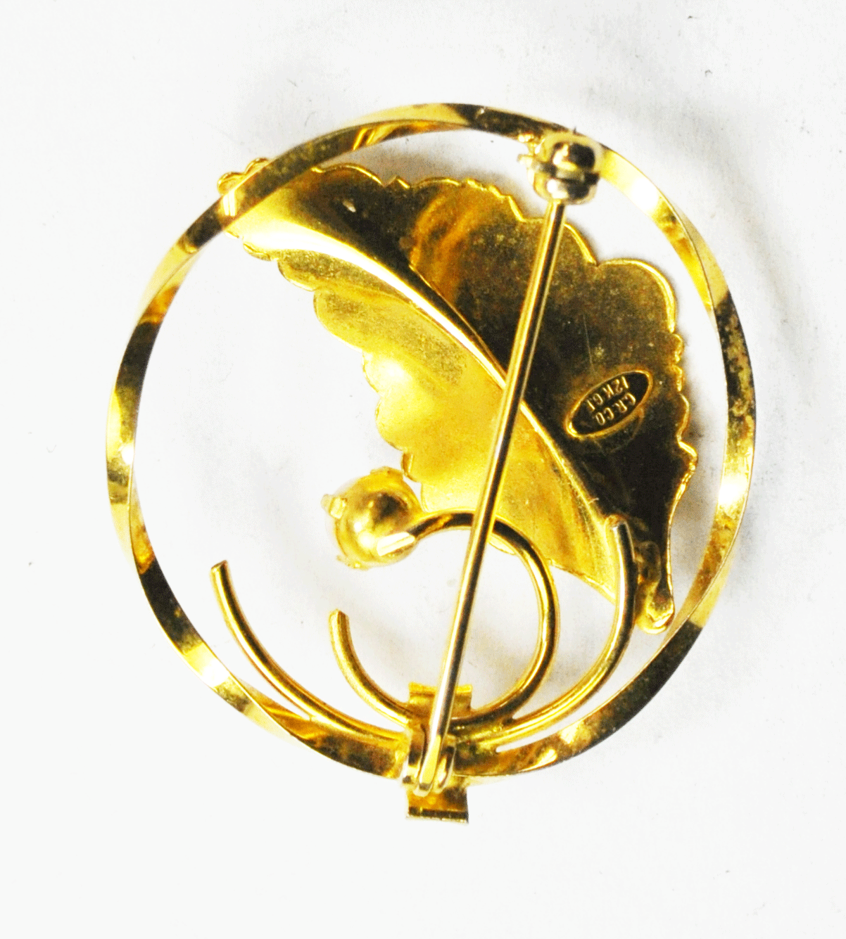 Antique Gold Filled CR Co Leaf Pearl Round  Twist Brooch Pin 35mm